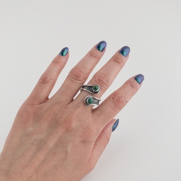 Sterling Silver Green Eilat Two Stone Spiral Wrap Ring Band Vintage 925 Size 10 - Picture 9 of 13